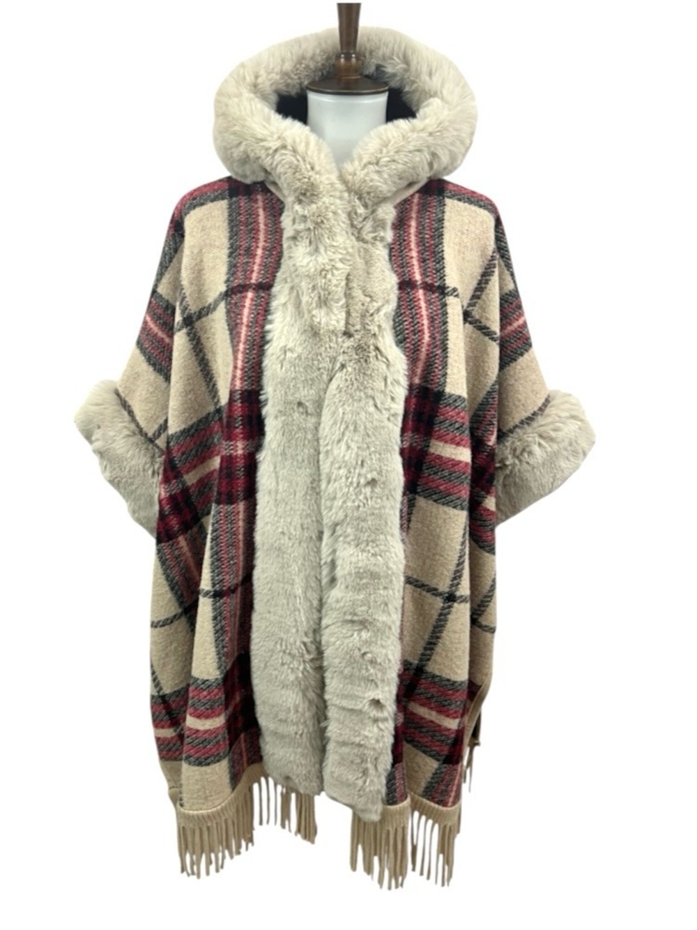 Cozy Boho Faux Fur & Fringe Trim Hooded Tan Red Tartan Plaid Poncho Cape Jacket